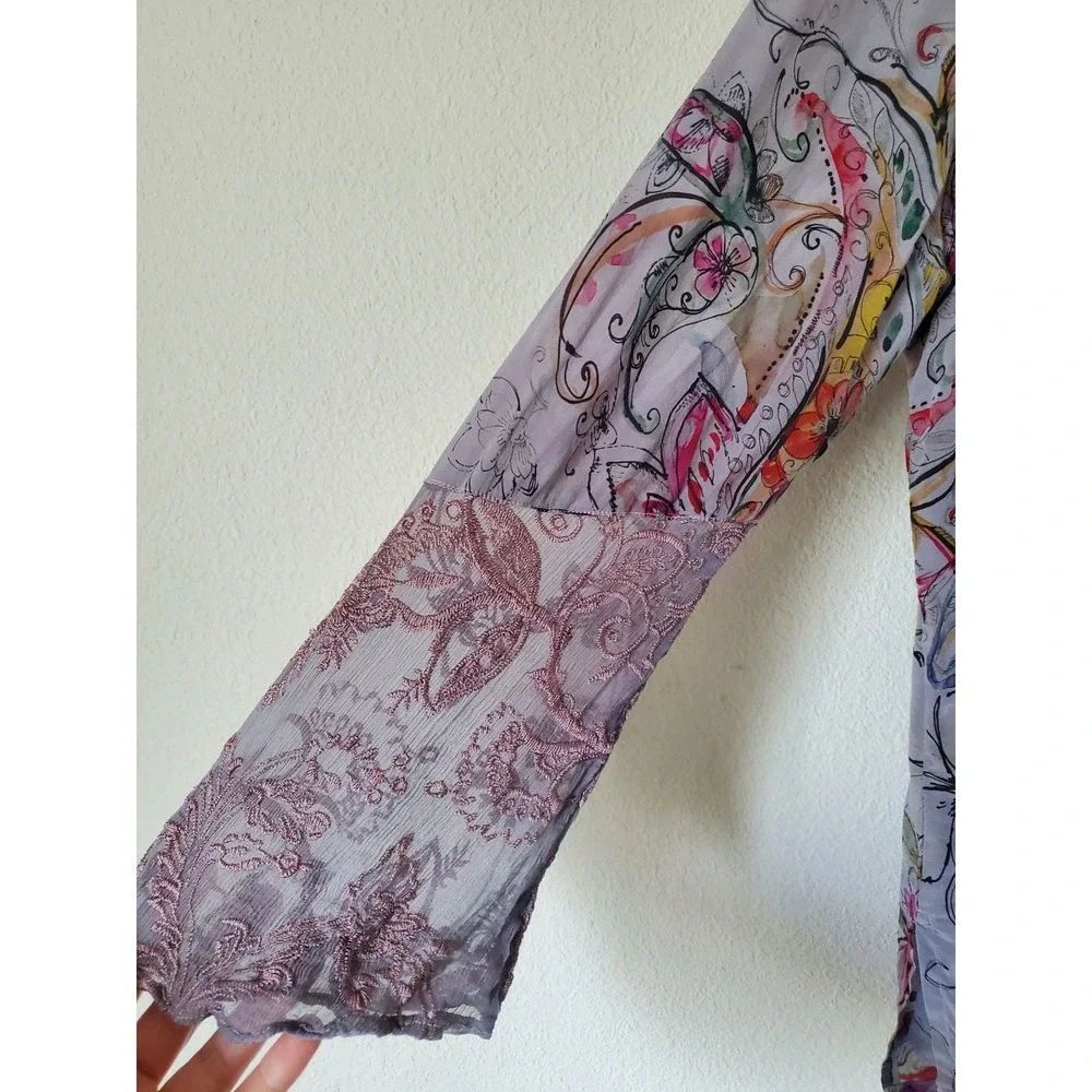 Tianello Silk Floral Tunic Top Embroidered Lace Cuffs Womens Medium Fairy - Picture 4 of 11